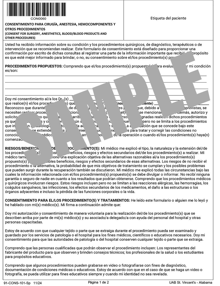 CONSENT FOR SURGERY, ANESTHETICS, BLOOD PROD, OTHER PROD -SPANISH