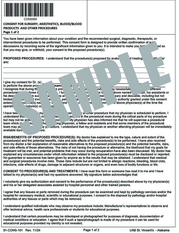 CONSENT FOR SURGERY, ANESTHETICS, BLOOD PROD, OTHER PROD