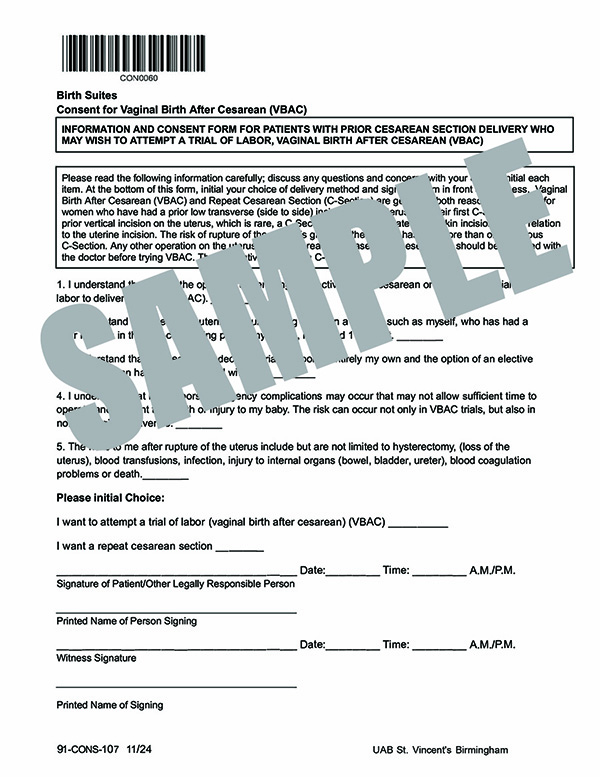 CONSENT FOR VAGINAL DELIVERY AFTER CESAREAN (VBAC)