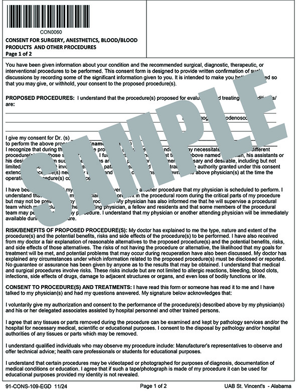CONSENT FOR SURGERY, ANESTHETICS, BLOOD PROD, OTHER PROD-EGD
