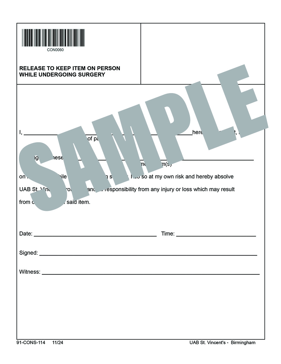 RELEASE FOR KEEPING ITEMS ON PERSON DURING SURGERY