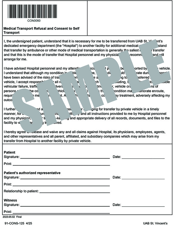 MEDICAL TRANSPORT REFUSAL AND CONSENT TO SELF TRANSPORT