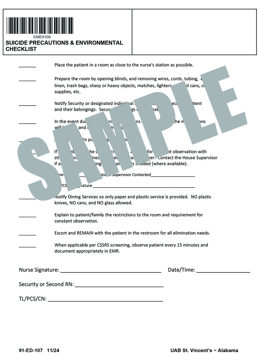 SUICIDE PRECAUTIONS AND ENVIRONMENTAL ASSESSMENT IN ED