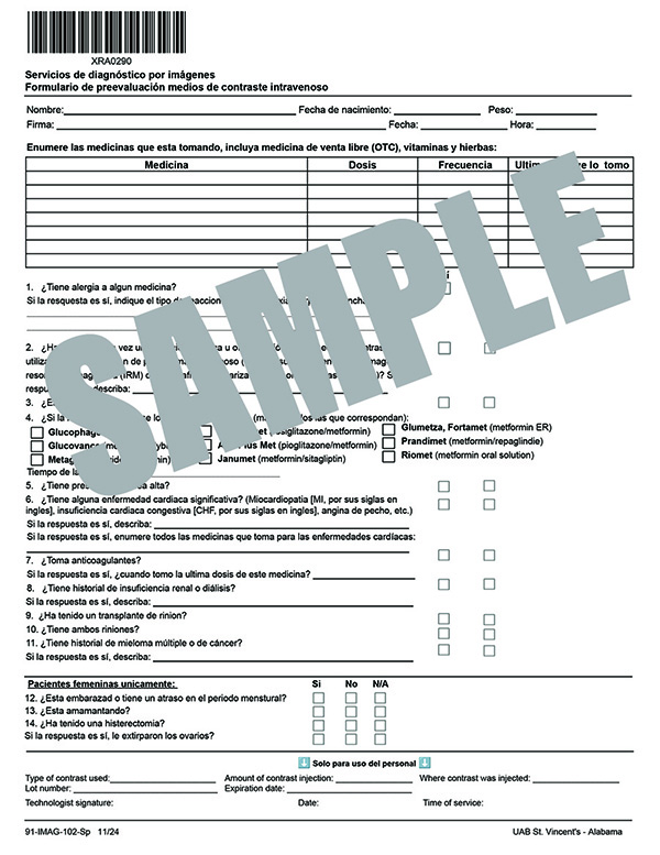 UAB IMAGING PRE-SCREENING FORM - IV CONTRAST MEDIA - SPANISH