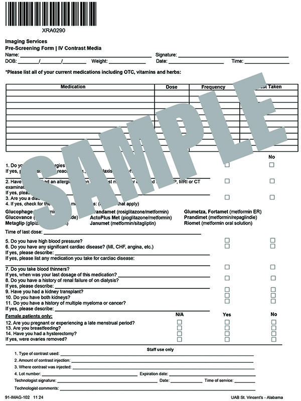 PRE-SCREENING FORM/IV CONTRAST