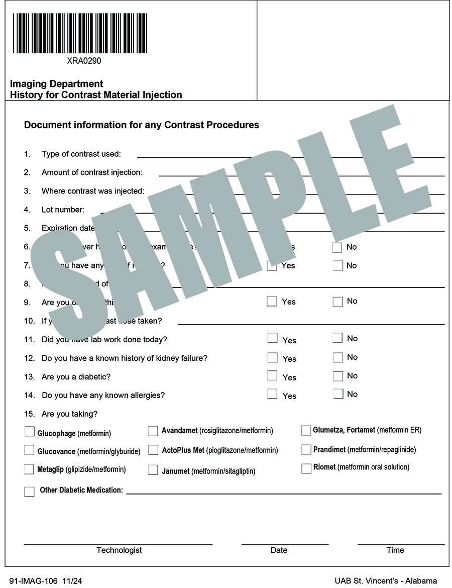 HISTORY FOR CONTRAST MATERIAL INJECTION RADIOLOGY DEPARTMENT
