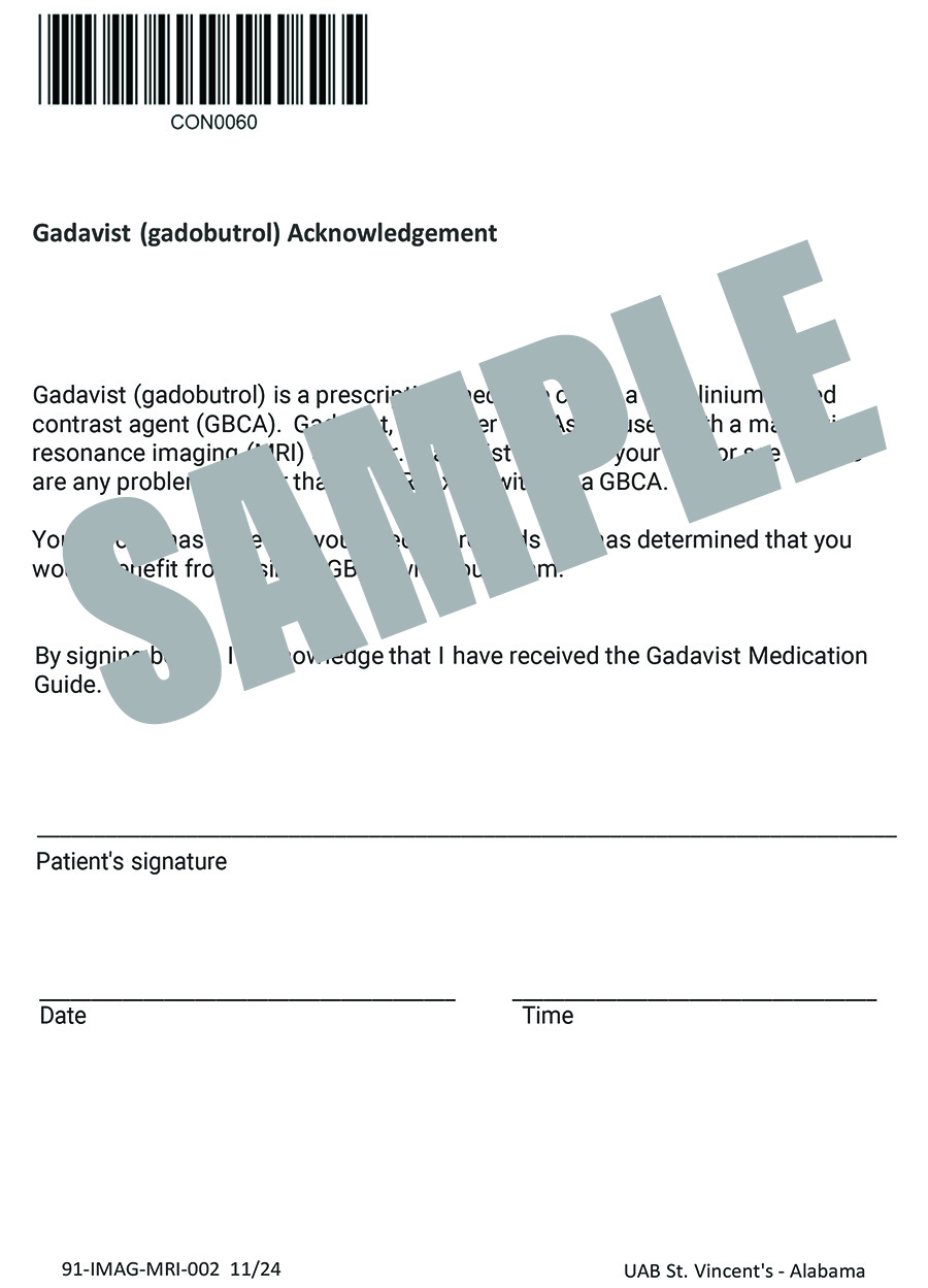 GADAVIST ACKNOWLEDGEMENT