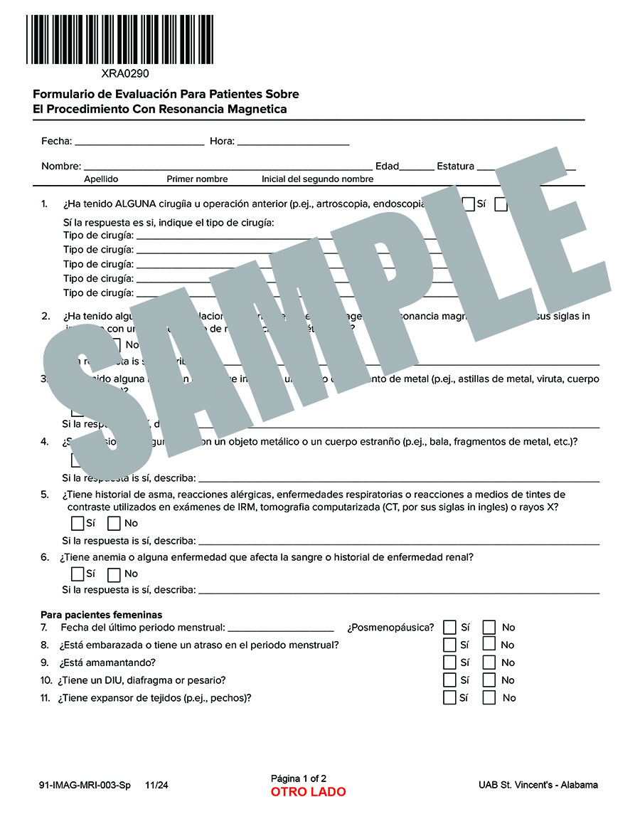 MRI PROCEDURE SCREENING FORM - SPANISH