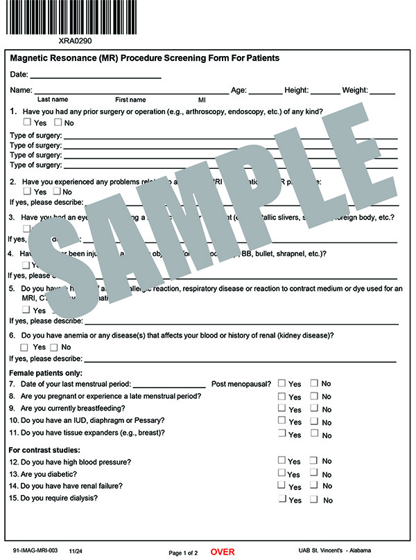 MRI PROCEDURE SCREENING FORM
