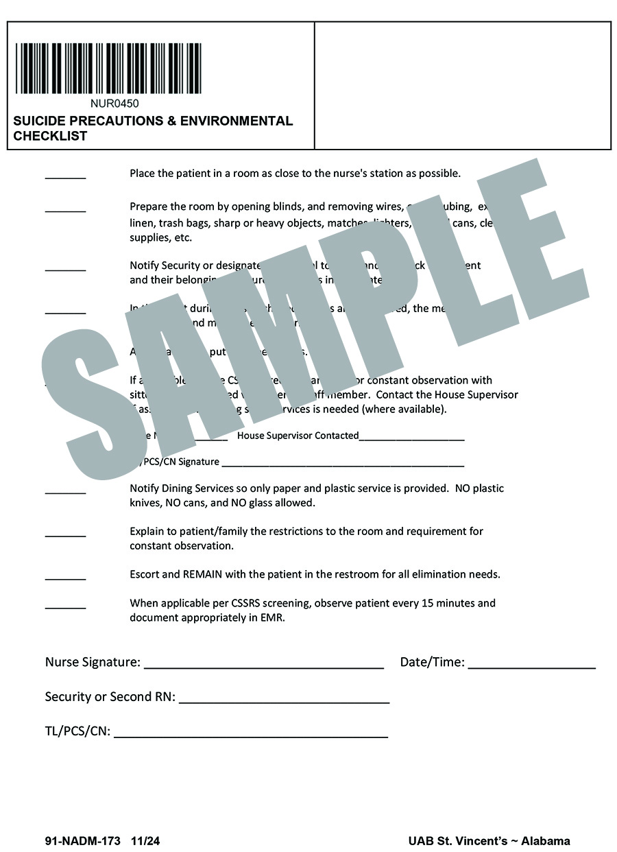 SUICIDE PRECAUTIONS & ENVIRONMENTAL CHECKS - NURSING