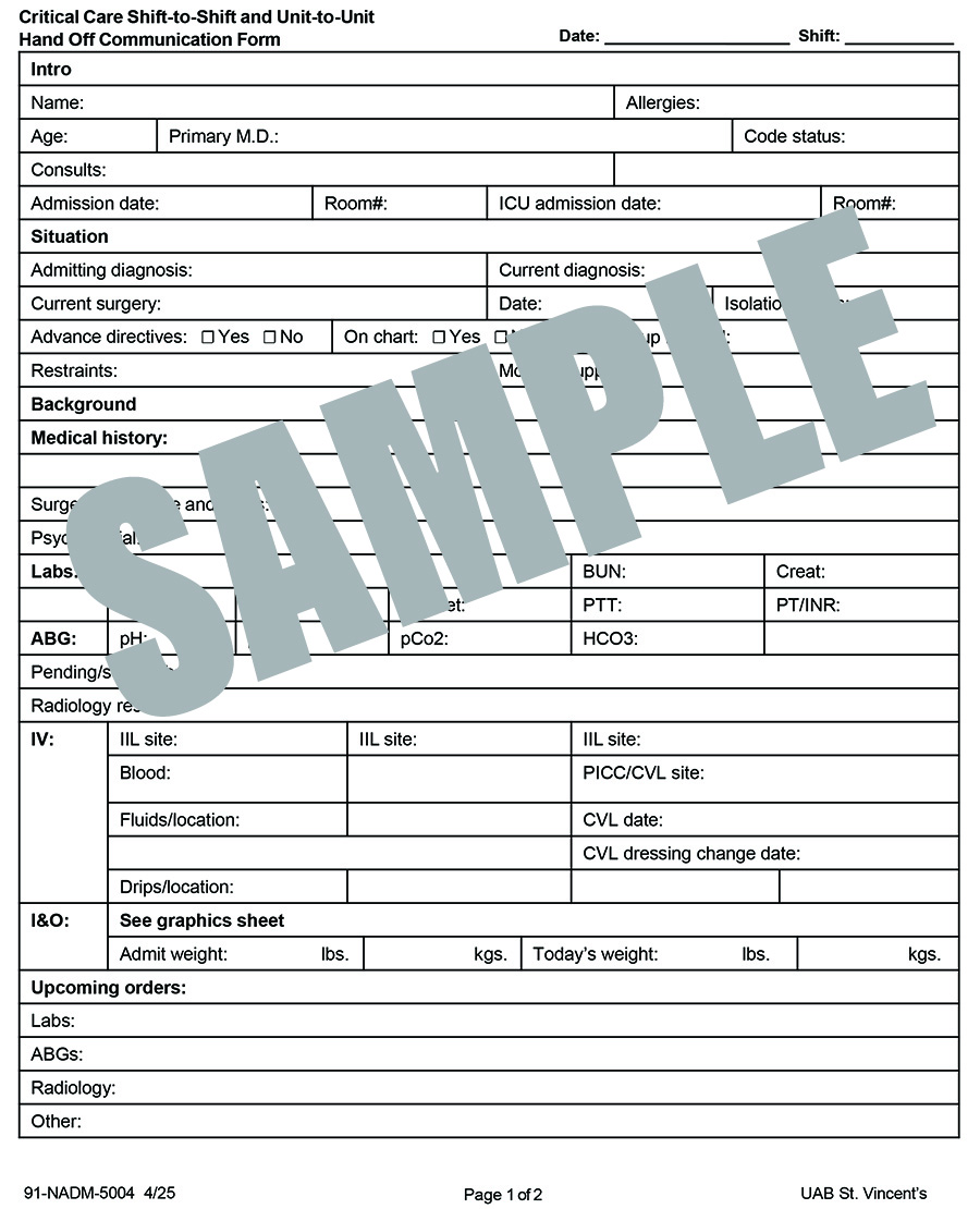 CRITICAL CARE SHIFT TO SHIFT AND UNIT TO UNIT HANDOFF COMMUNICATION FORM