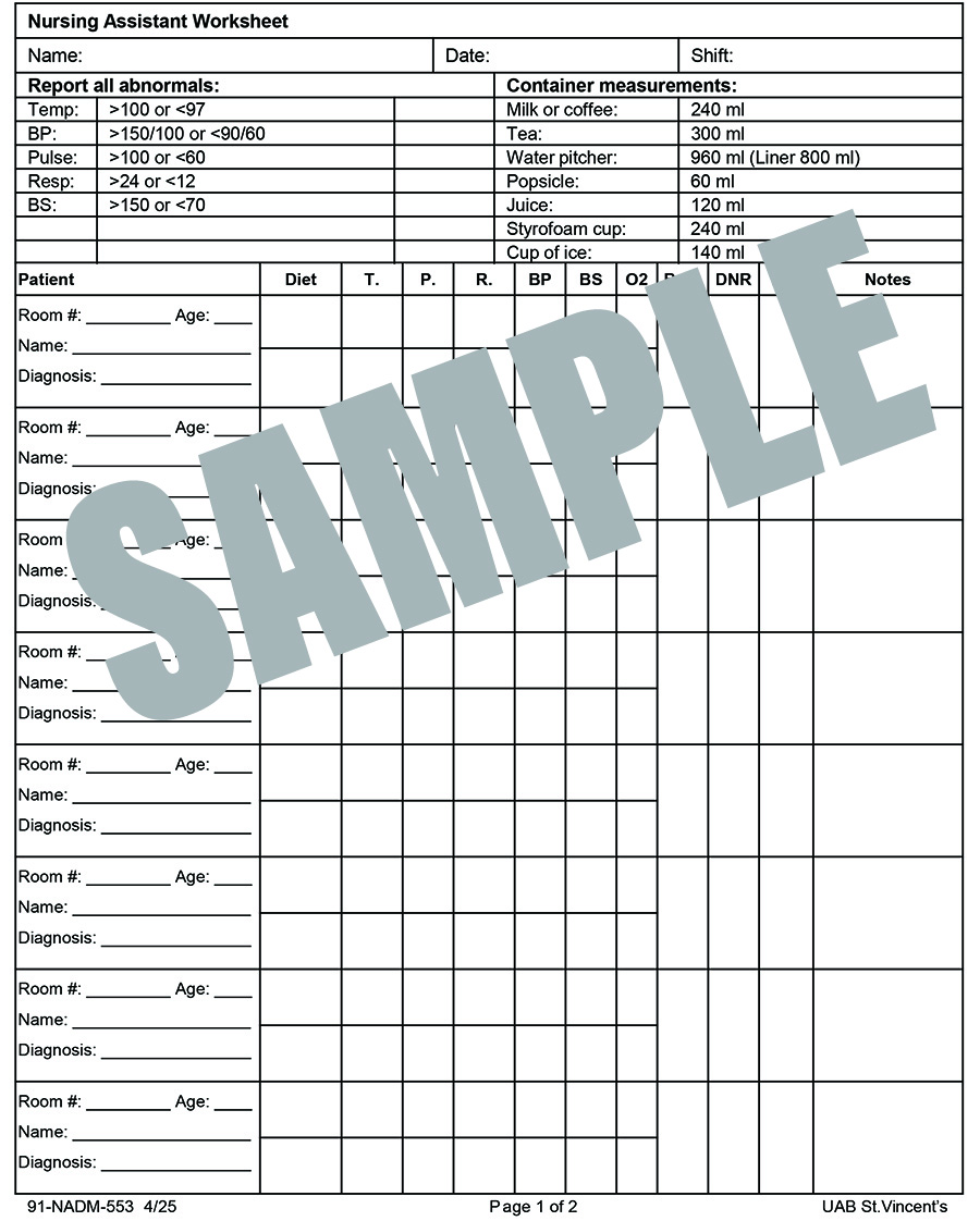 NURSING ASSISTANT WORKSHEET