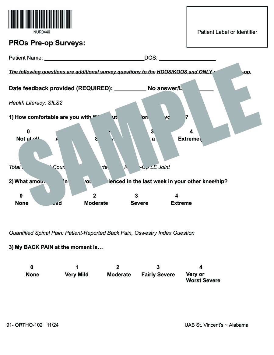 PROs PRE-OP SURVEY QUESTIONS FOR CMS