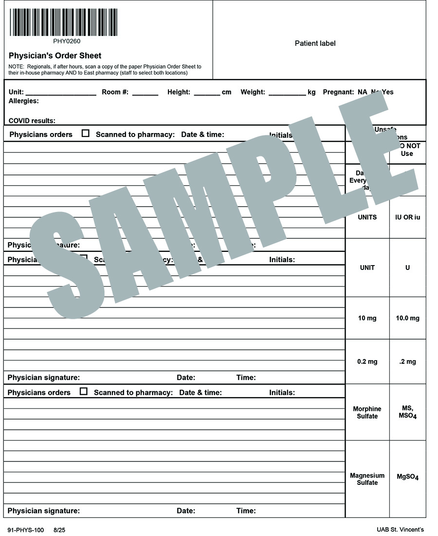 PHYSICIAN ORDER SHEET