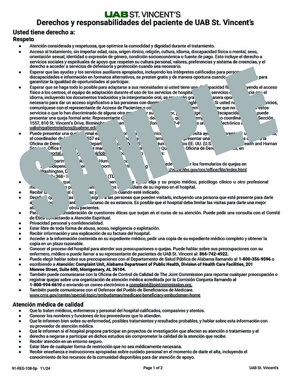 PATIENT RIGHTS AND RESPONSIBILITIES - SPANISH