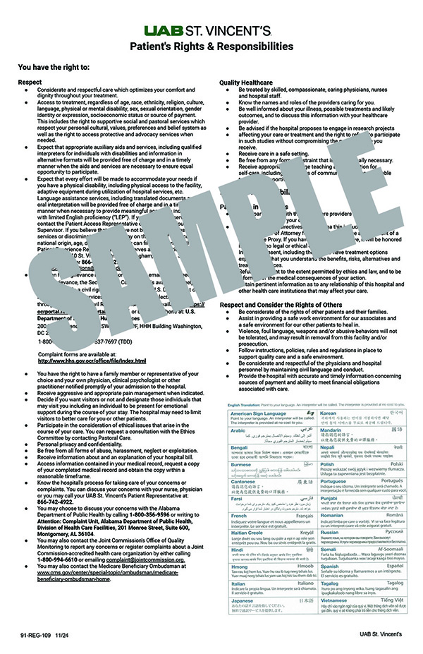 PATIENT RIGHTS AND RESPONSIBILITIES 11 X 17 POSTER - ENGLISH
