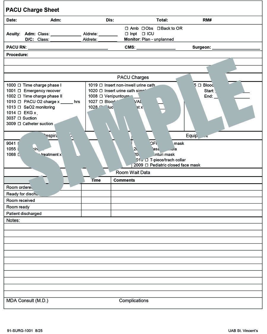 PACU CHARGE SHEET