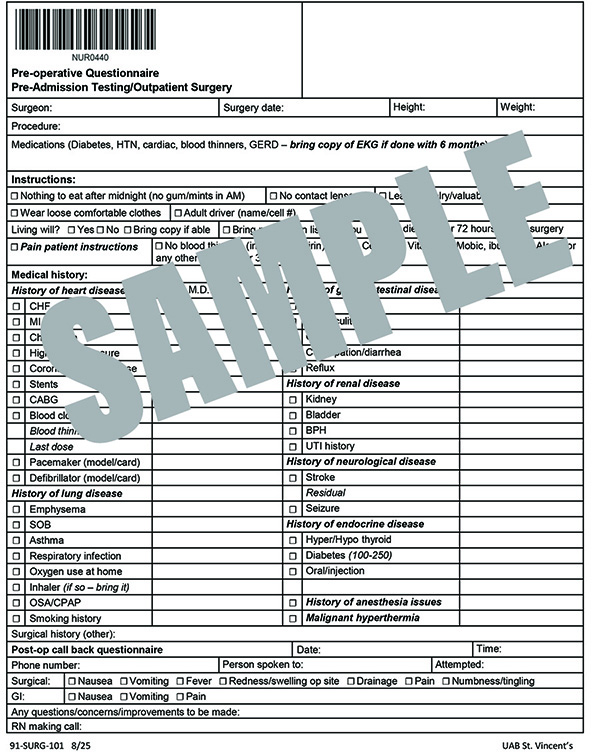 PRE-OP QUESTIONNAIRE PRE-ADMISSION TESTING OP SURGERY
