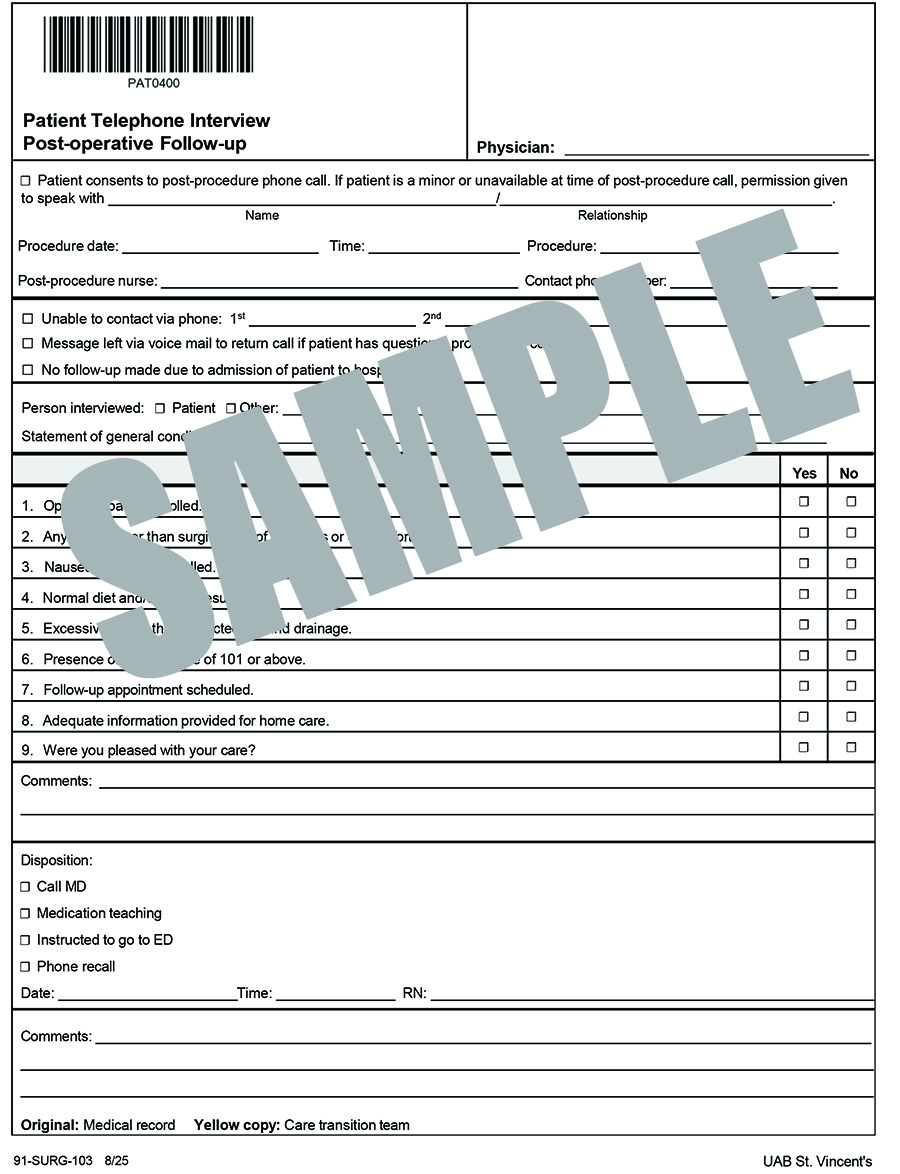 PATIENT TELEPHONE INTERVIEW POST-OP FOLLOW-UP