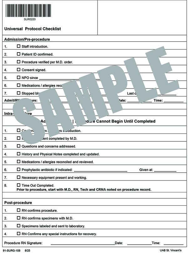 UNIVERSAL PROTOCOL CHECKLIST