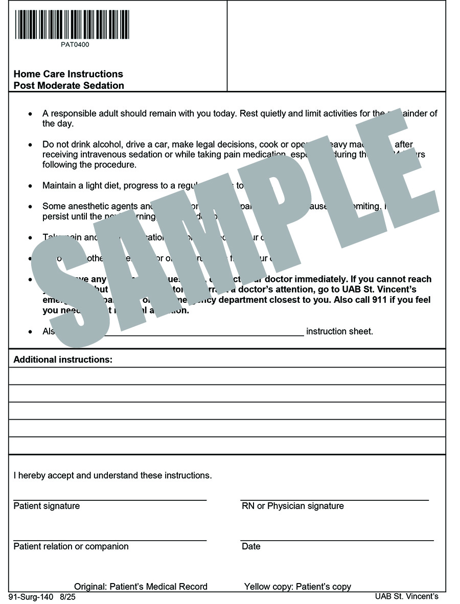 HOME CARE INSTRUCTIONS POST MODERATE SEDATION