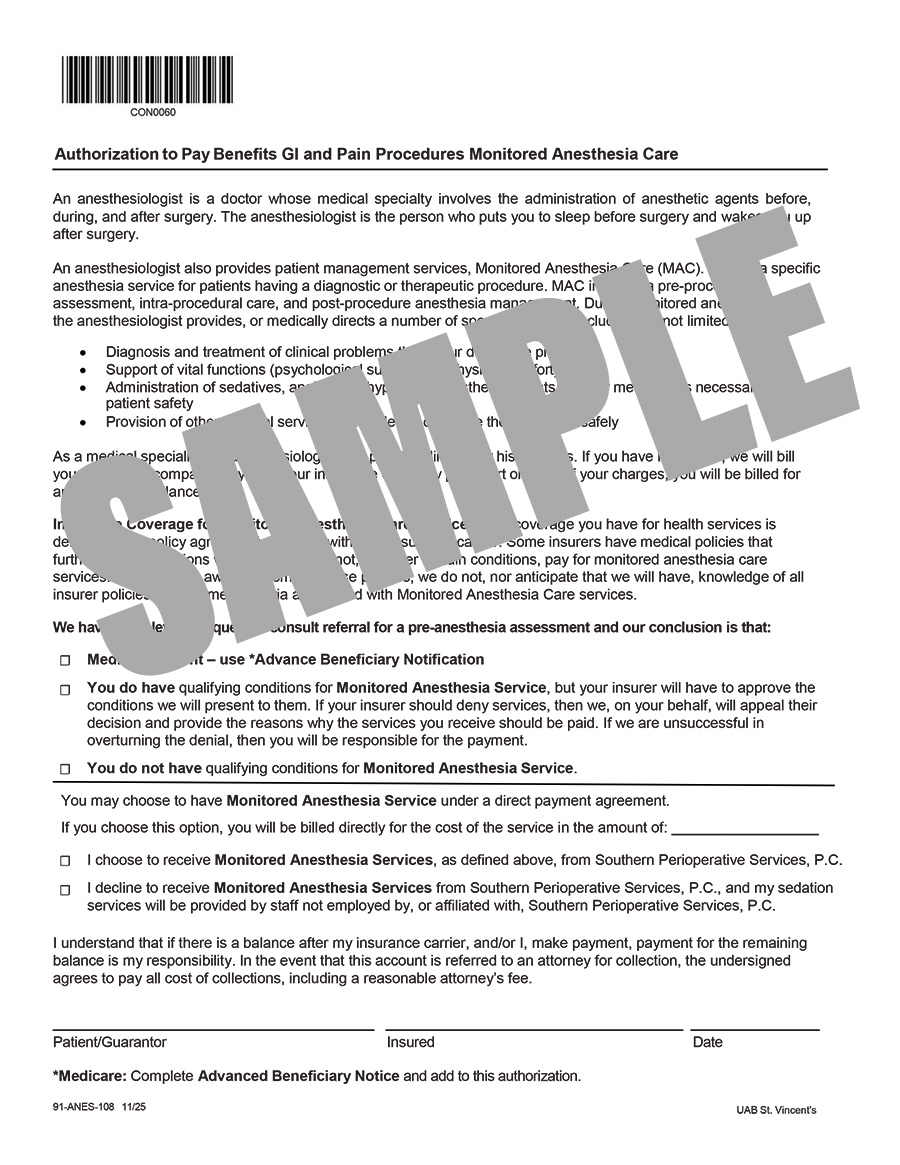 MONITORED ANESTHESIA CARE GI AND PAIN PROCEDURES - AUTH TO PAY BENEFITS