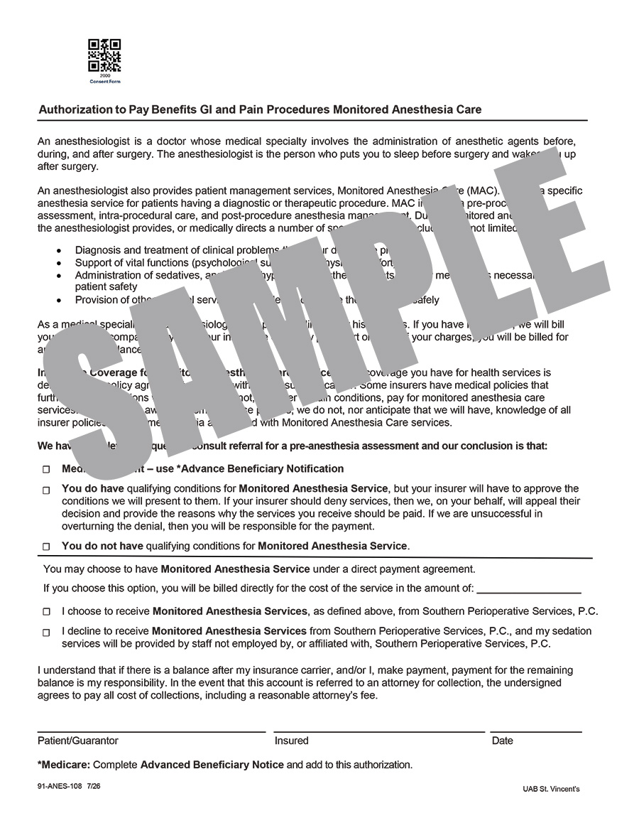 MONITORED ANESTHESIA CARE GI AND PAIN PROCEDURES - AUTH TO PAY BENEFITS