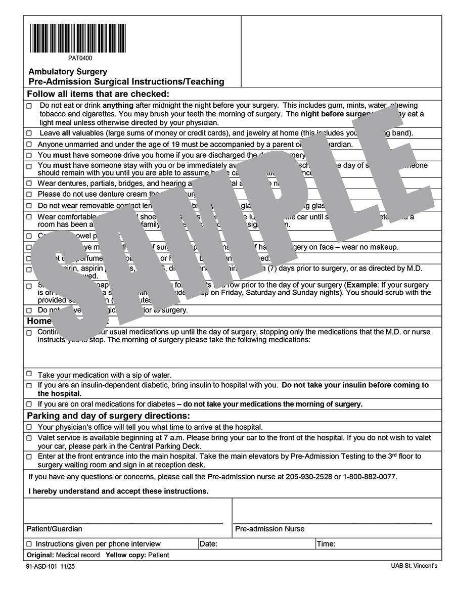 ASD PRE-ADMISSION SURGICAL INSTRUCTIONS/TEACHING