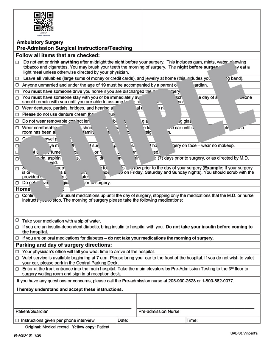ASD PRE-ADMISSION SURGICAL INSTRUCTIONS/TEACHING