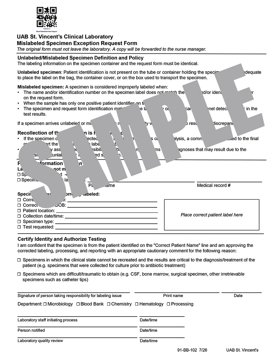 MISLABELED SPECIMEN EXCEPTION REQUEST FORM