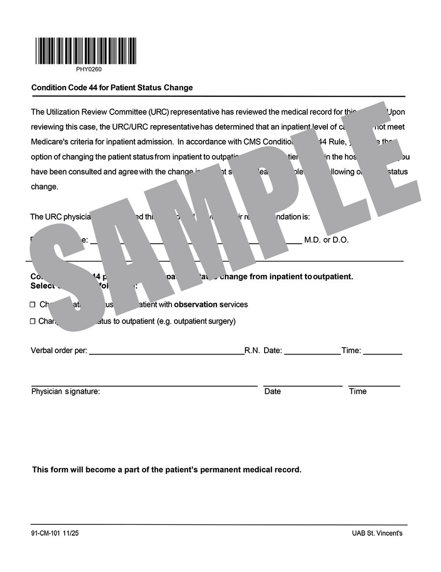 CONDITION CODE 44 FOR PATIENT STATUS CHANGE