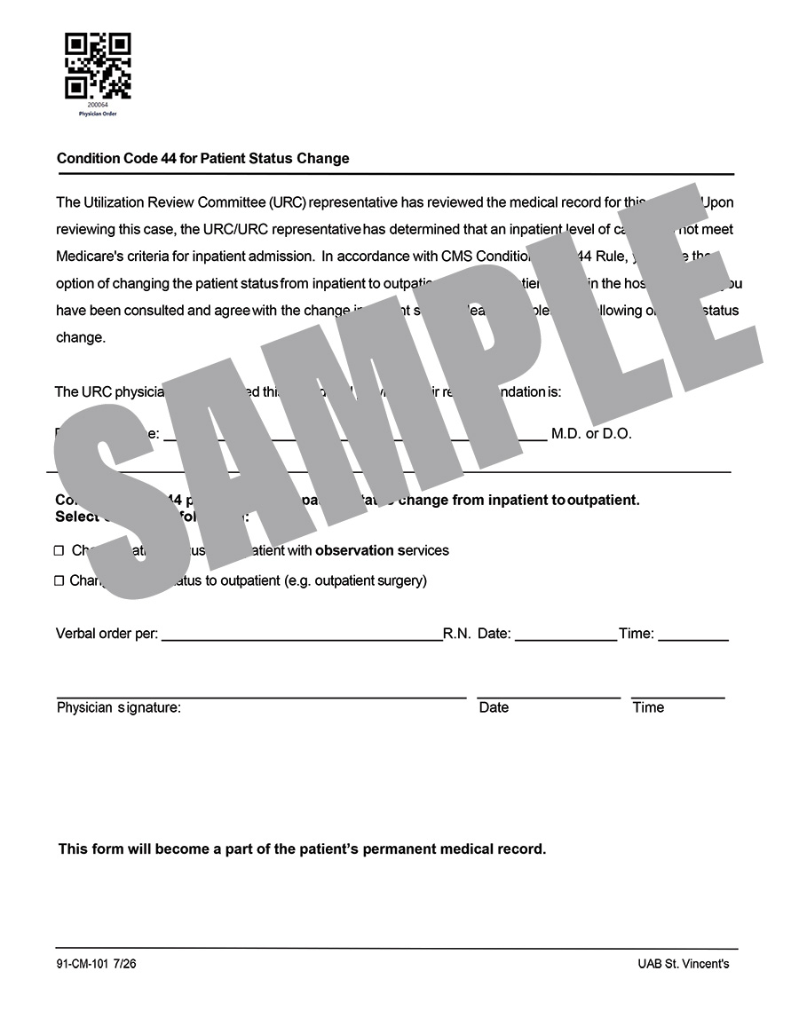 CONDITION CODE 44 FOR PATIENT STATUS CHANGE