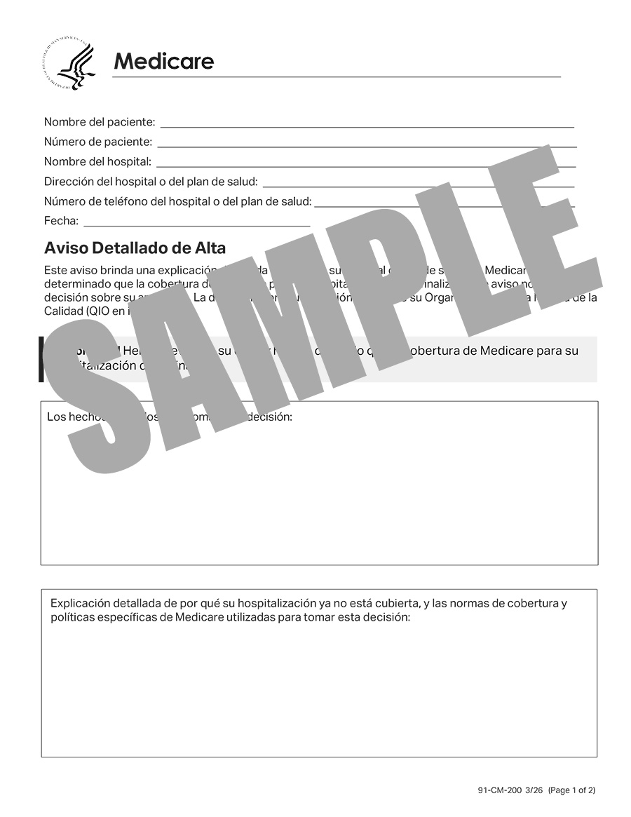 DETAILED NOTICE TO DISCHARGE - SPANISH