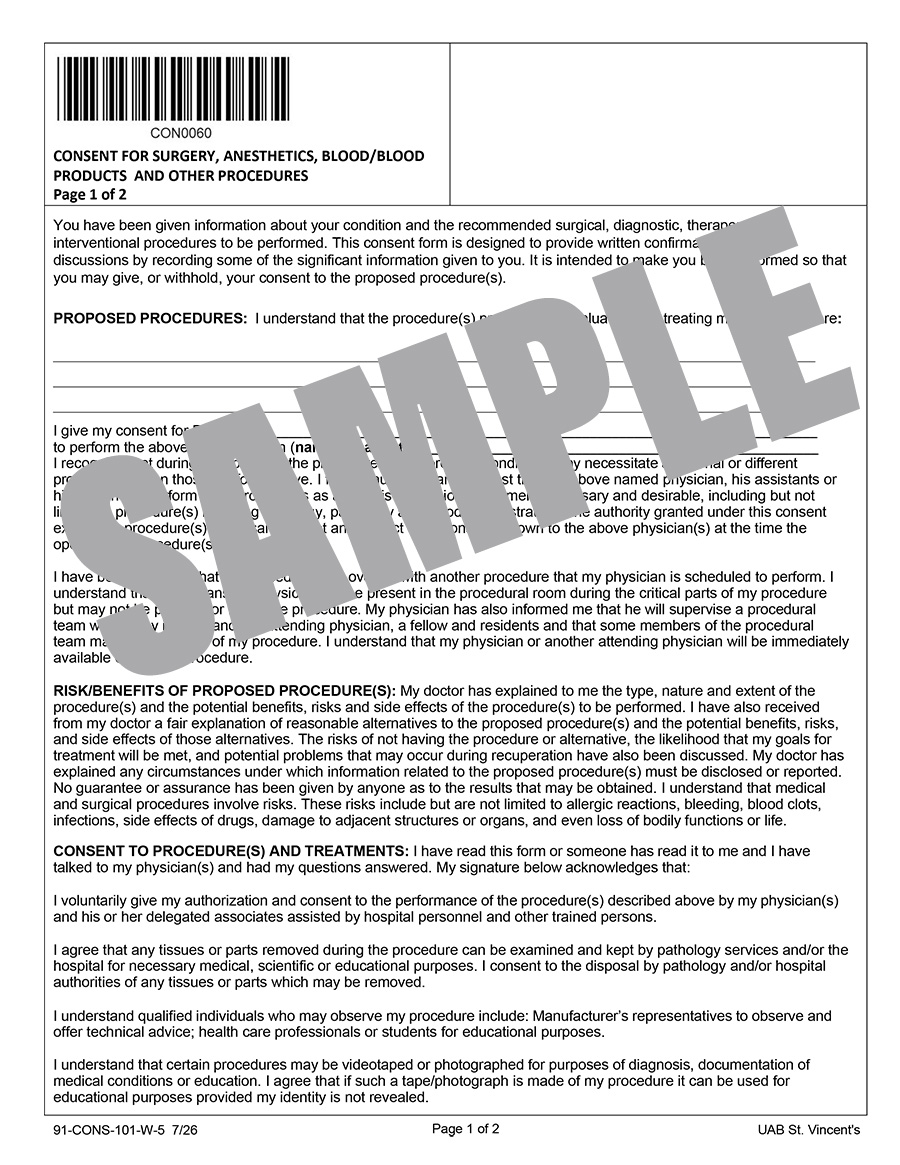 CONSENT FOR SURGERY, ANESTHETICS, BLOOD PROD, OTHER PROD (5)