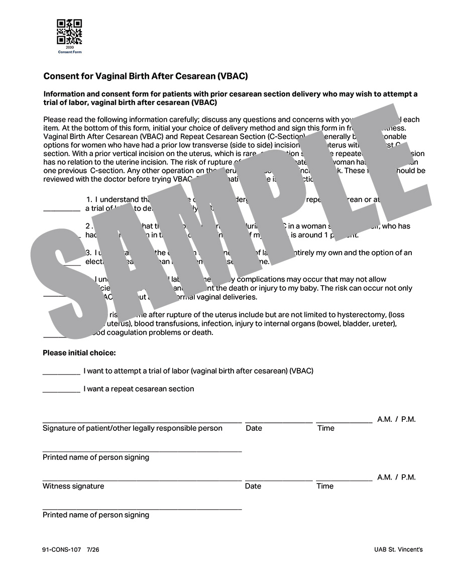 CONSENT FOR VAGINAL DELIVERY AFTER CESAREAN (VBAC)