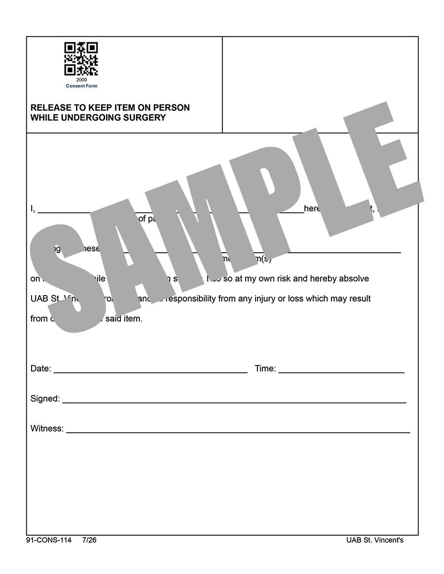 RELEASE FOR KEEPING ITEMS ON PERSON DURING SURGERY