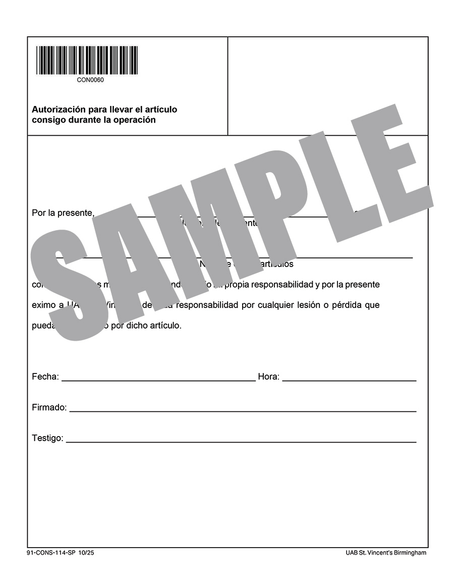 RELEASE FOR KEEPING ITEMS ON PERSON DURING SURGERY - SPANISH