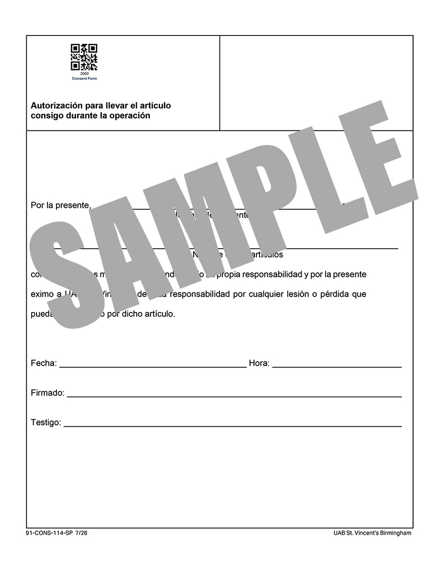 RELEASE FOR KEEPING ITEMS ON PERSON DURING SURGERY - SPANISH
