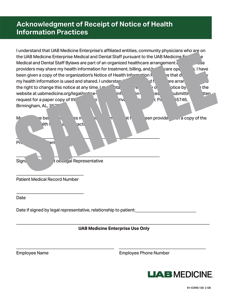 ACKNOWLEDGEMENT OF RECEIPT OF NOTICE OF HEALTH INFORMATION PRACTICES