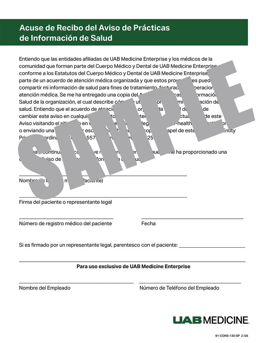 ACKNOWLEDGEMENT OF RECEIPT OF NOTICE OF HEALTH INFORMATION PRACTICES-SPANISH