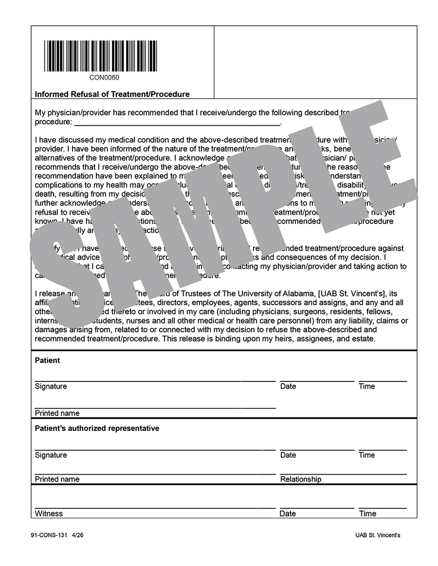INFORMED CONSENT OF REFUSAL OF TREATMENT