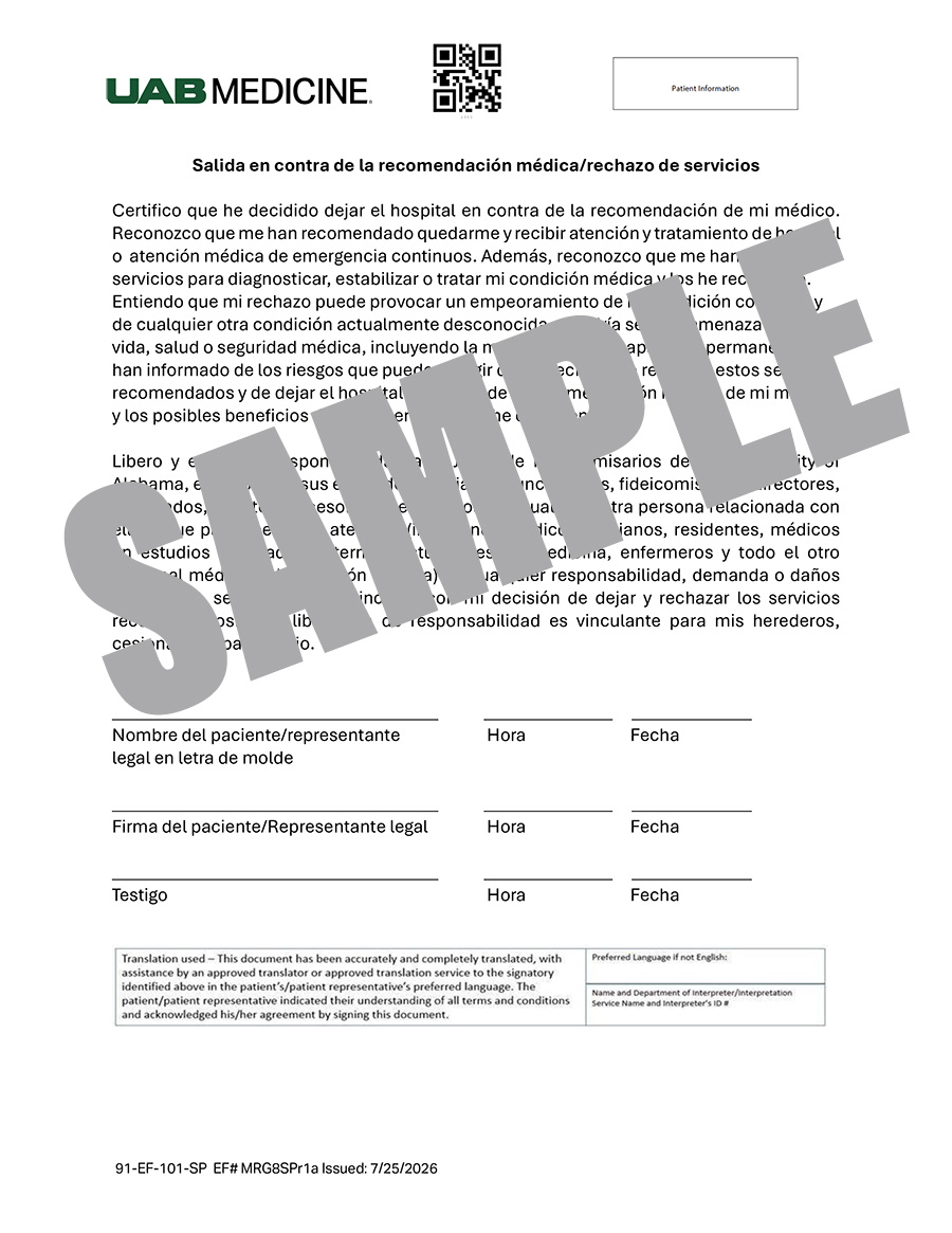 UAB MEDICINE LEAVING AGAINST MEDICAL ADVICE_REFUSAL OF SERVICE (SPANISH)