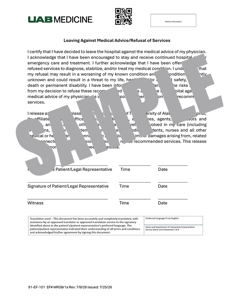 UAB MEDICINE LEAVING AGAINST MEDICAL ADVICE_REFUSAL OF SERVICE