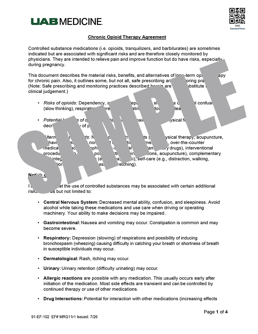 UAB MEDICINE CHRONIC OPIOD THERAPY AGREEMENT