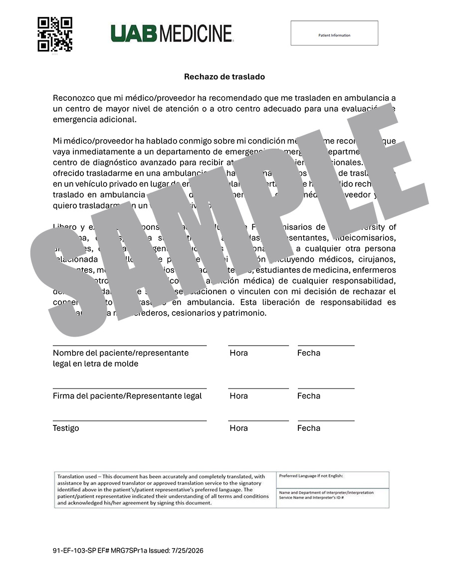 UAB MEDICINE REFUSAL OF CONSENT FOR TRANSPORT  (SPANISH)