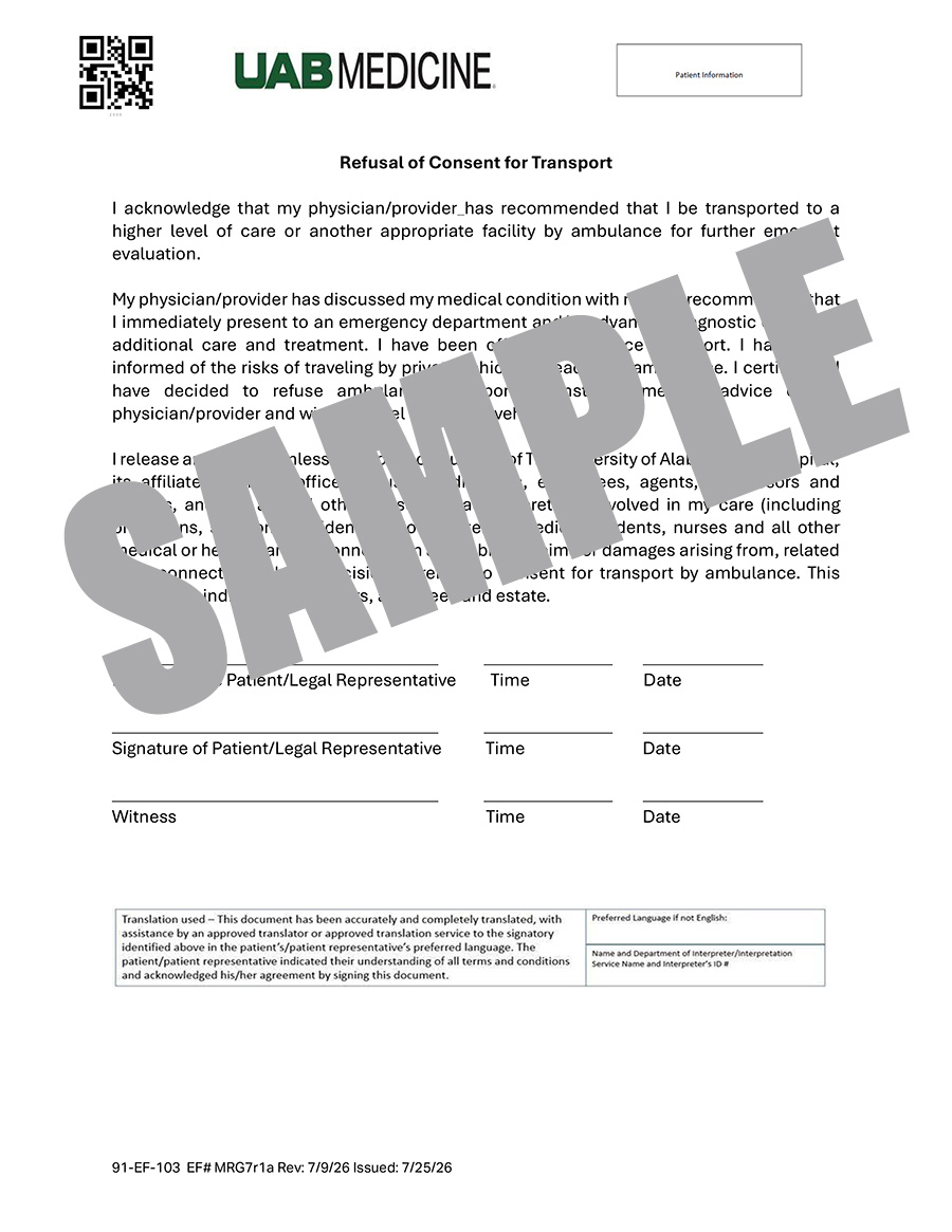 UAB MEDICINE REFUSAL OF CONSENT FOR TRANSPORT 
