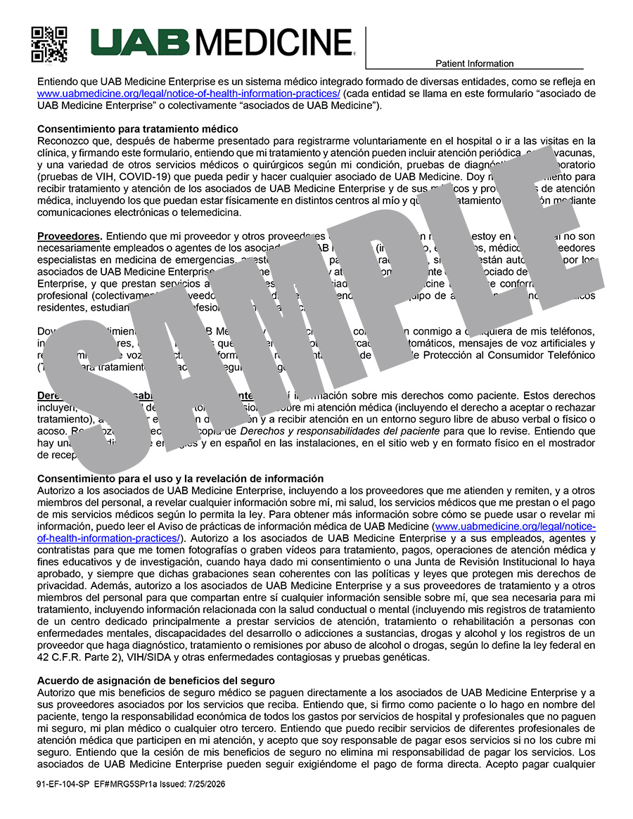 UAB MEDICINE ENTERPRISE CONSENT TO TREAT (SPANISH)