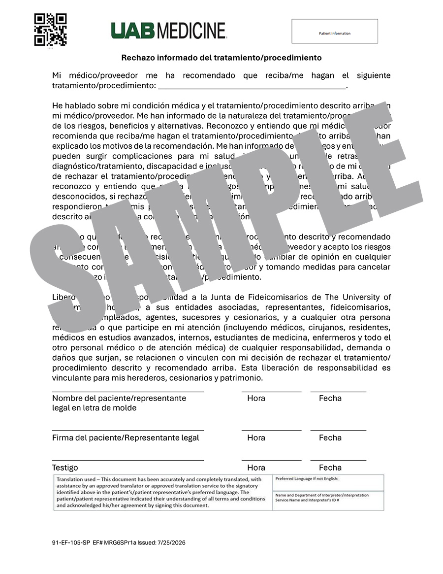 UAB MEDICINE INFORMED REFUSAL OF TREATMENT PROCEDURE (SPANISH)