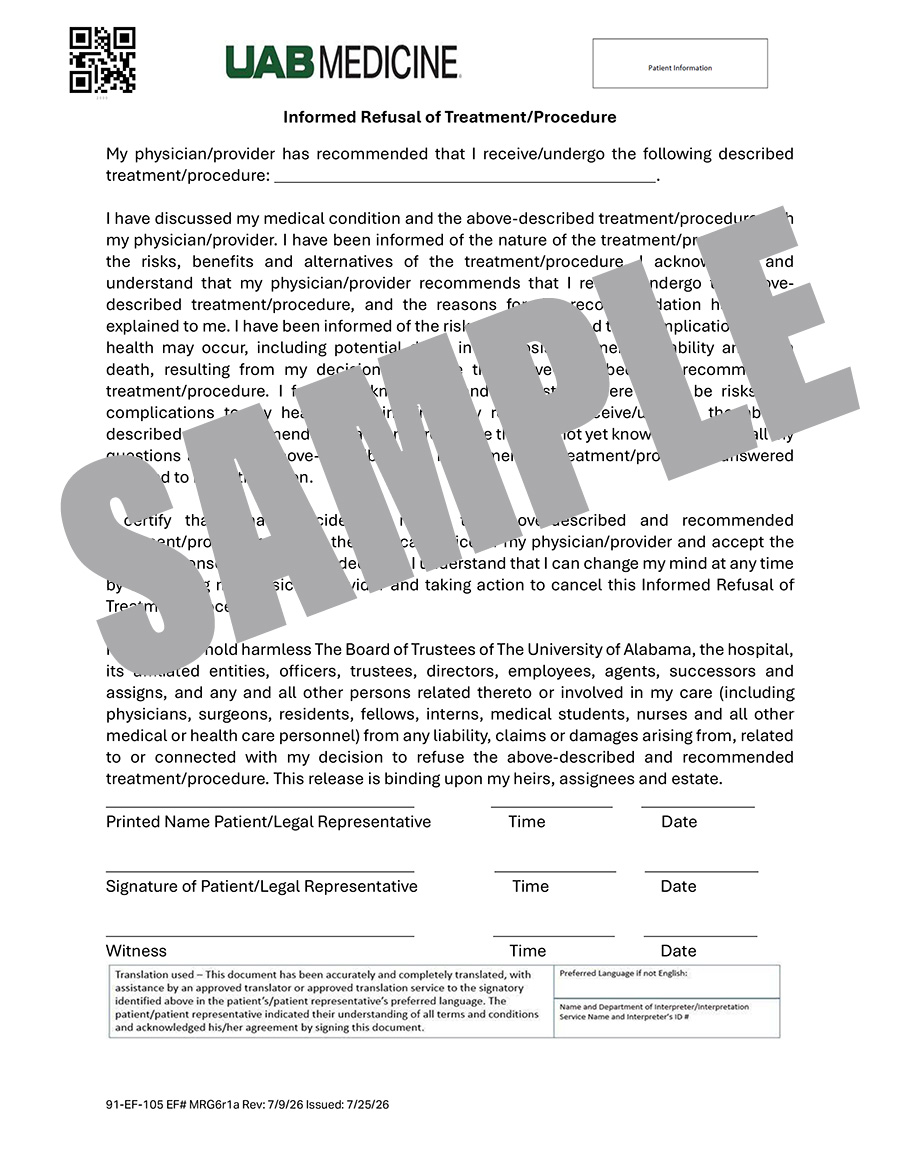 UAB MEDICINE INFORMED REFUSAL OF TREATMENT PROCEDURE