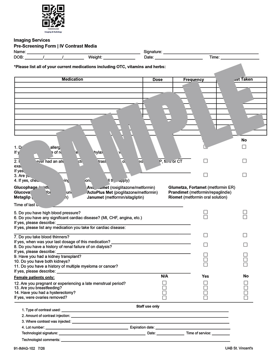PRE-SCREENING FORM/IV CONTRAST